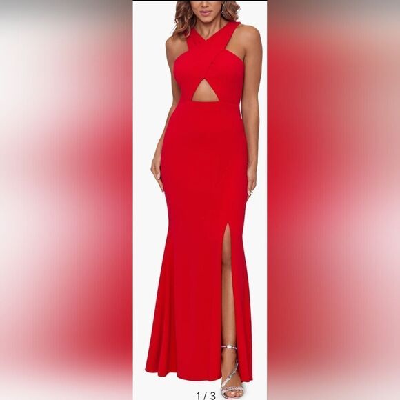 Xscape Cross Front Cutout Scuba Gown NWT size 12 Red - Picture 1 of 5